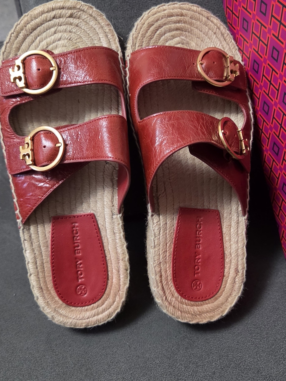 Tory Burch Red Leather Double-Buckle Espadrille Slides with Gold Buckles